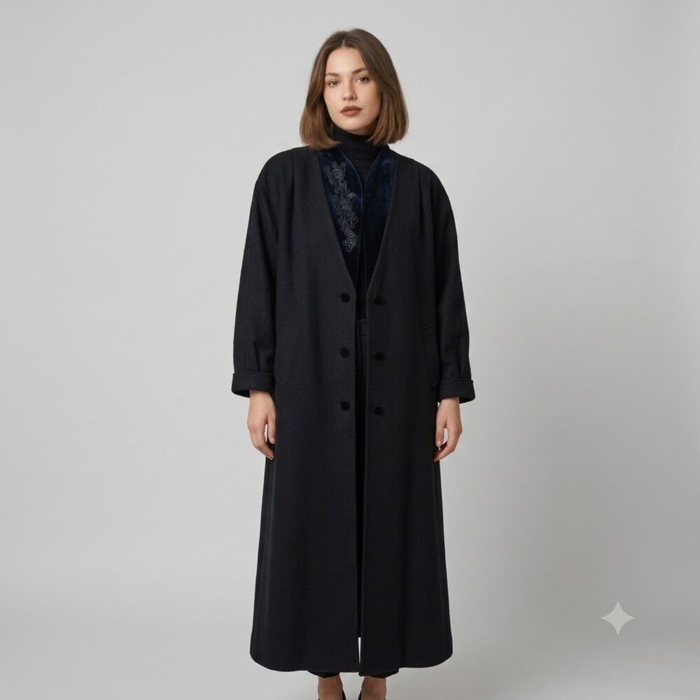 VTG Portrait Slouchy Wool Maxi Coat Womens Sz XL Black Velvet Embroidered Trim